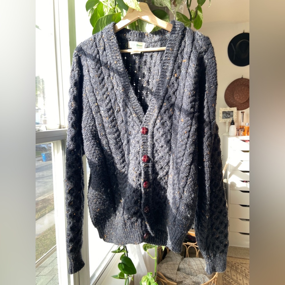 Vtg LL BEAN Sweater Cardigan Wool Mens Medium Cable Knit Fisherman Ireland Gray